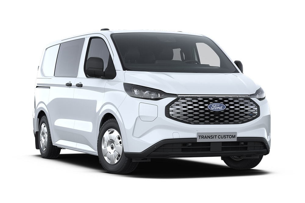 Ford E-Transit Custom électrique blanc à double cabine, vue avant inclinée.