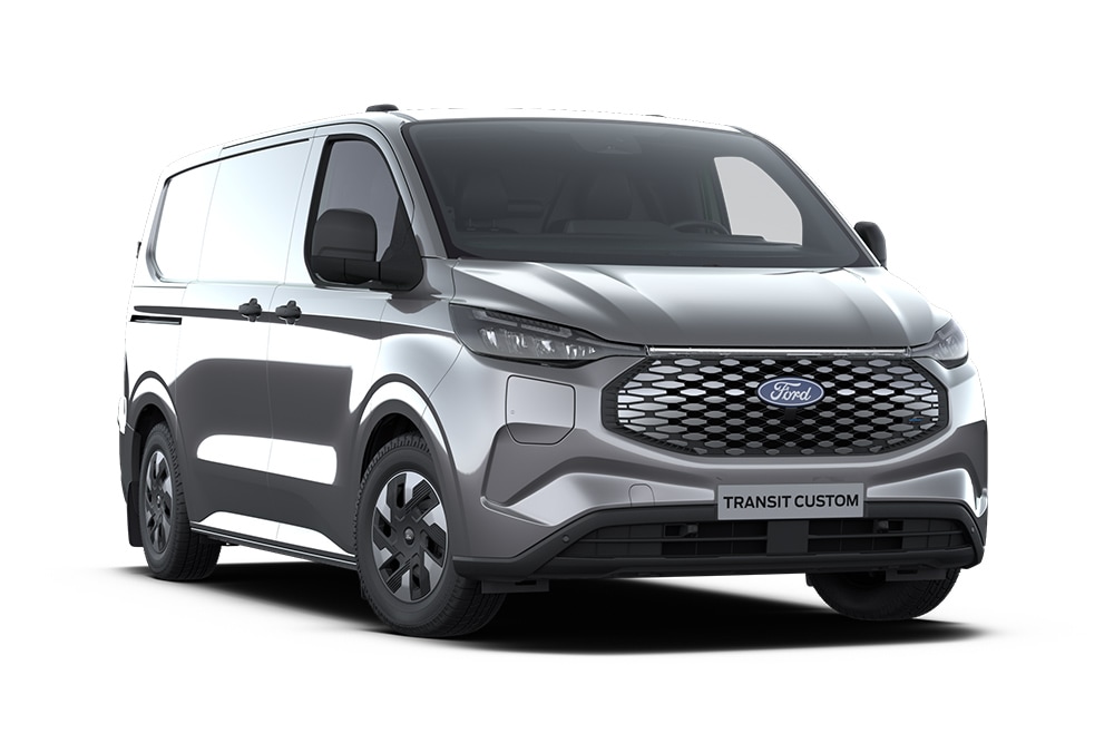 Camionnette Ford E-Transit Custom Trend gris foncé, vue de face. 