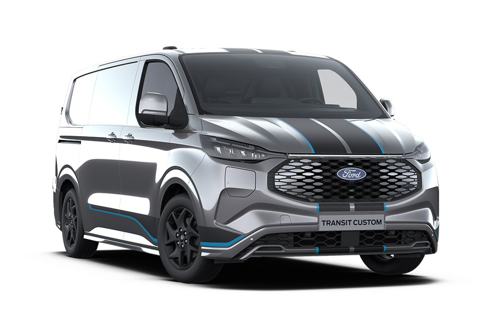 Camionnette Ford E-Transit Custom Sport gris foncé, vue de face.