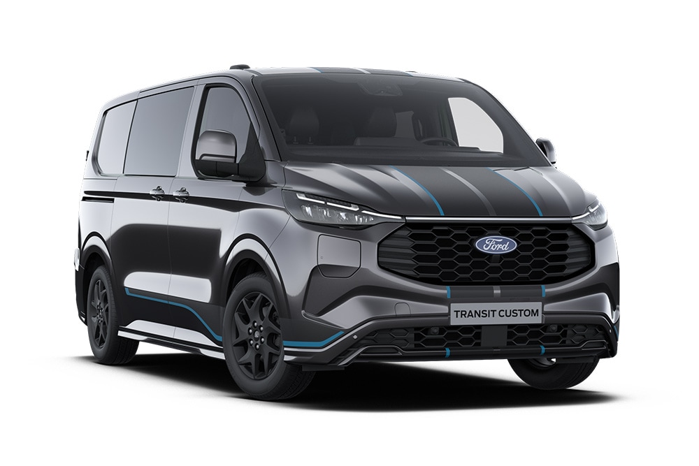 Ford Transit Custom double cabine en fourgon Sport gris foncé avec accents bleus.