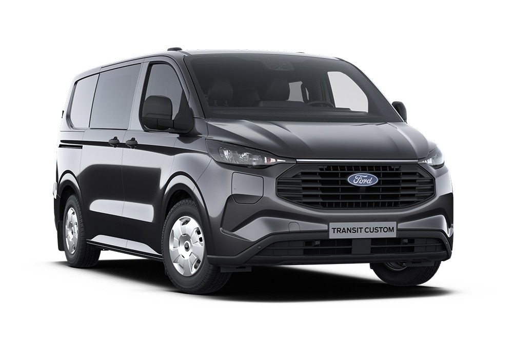 Ford Transit Custom Double Cabine-in-Van Trend gris foncé.