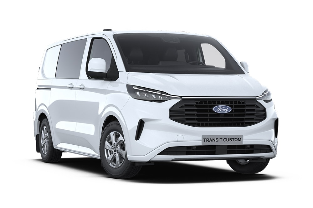 Ford Transit Custom blanc double cabine en fourgon