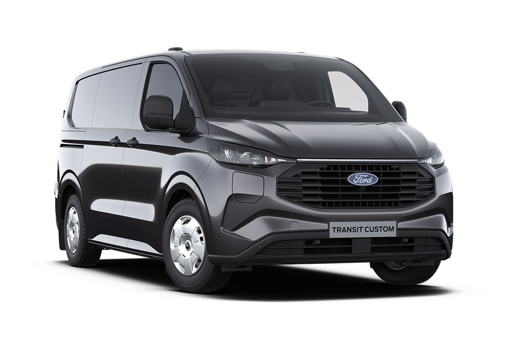 Fourgonnette Ford Transit Custom Trend gris foncé, vue de face.