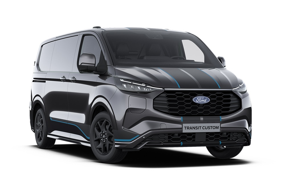Fourgon Ford Transit Custom Sport gris foncé avec des accents bleus.