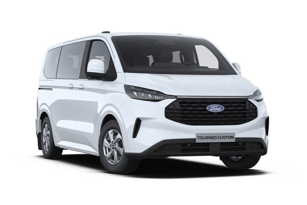 Coin avant gauche d'un Ford Tourneo Custom Trend blanc.  