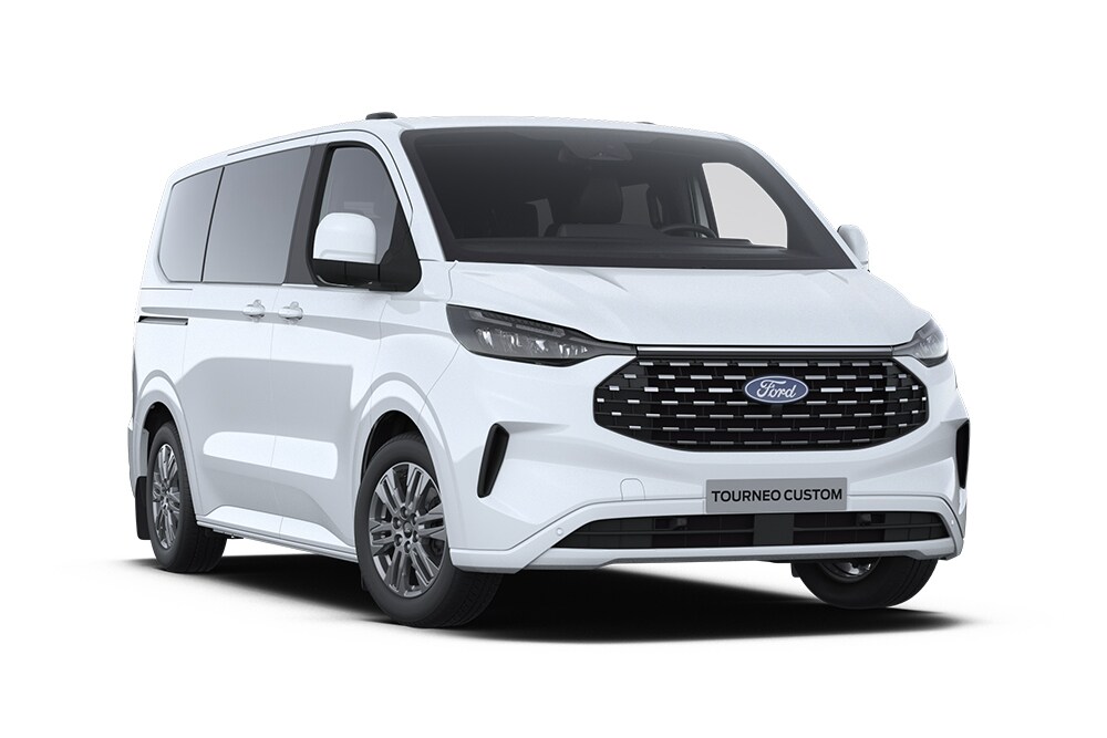 Coin avant gauche d'un Ford Tourneo Custom Titanium blanc.  