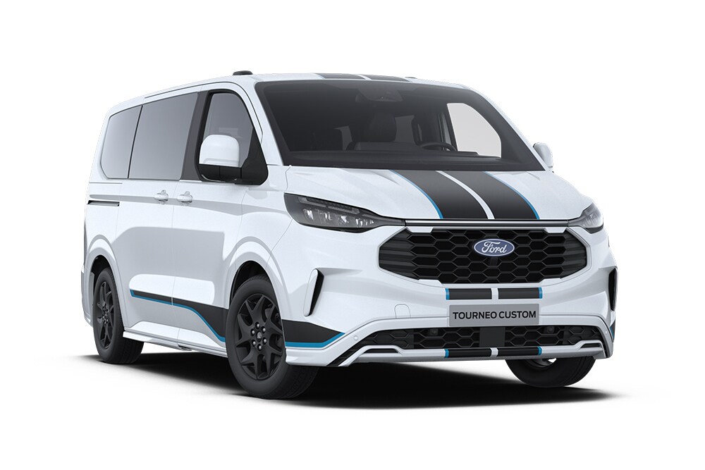 Coin avant gauche d'un Ford Tourneo Custom Sport blanc.  