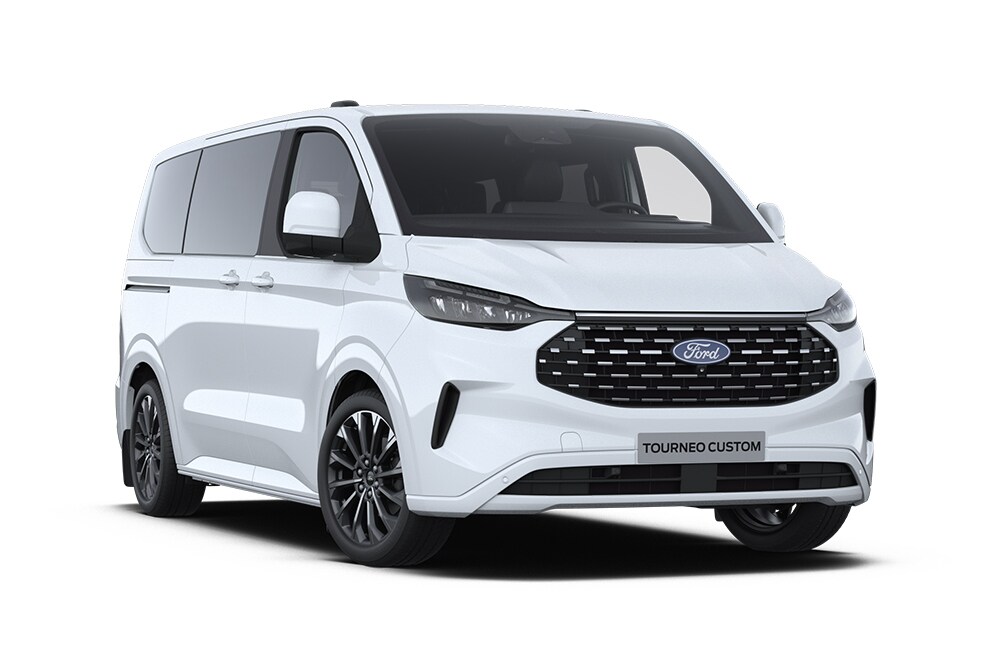 Coin avant gauche d'un Ford Tourneo Custom Titanium X blanc.  