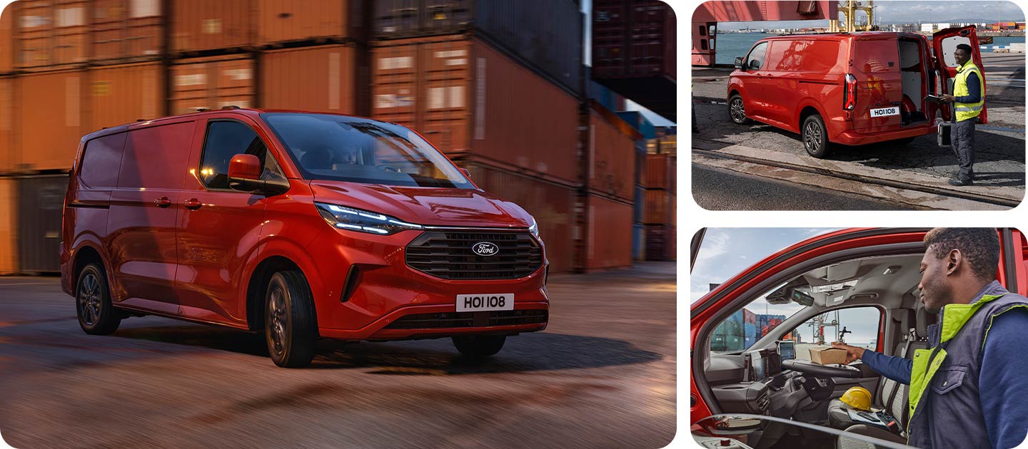 Ford Transit Custom rouge roulant dans une zone portuaire