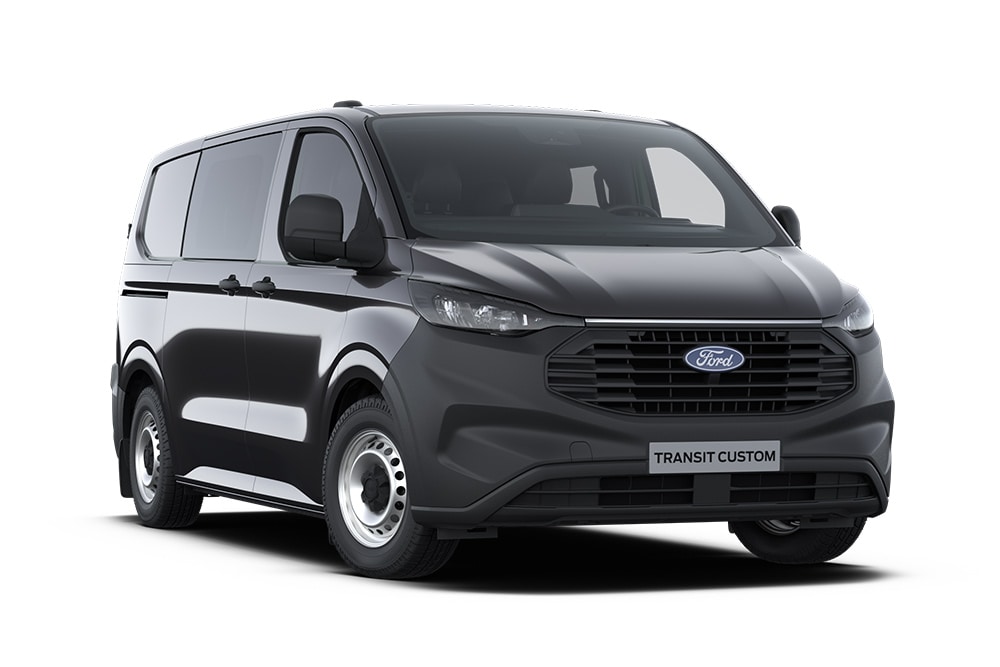 Ford Transit Custom Double Cabine-in-Van Leader gris foncé.