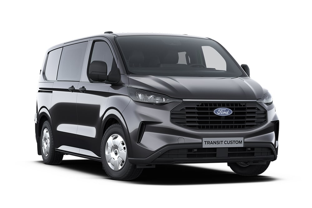 Ford Transit Custom Double Cabine-in-Van Trend gris foncé.