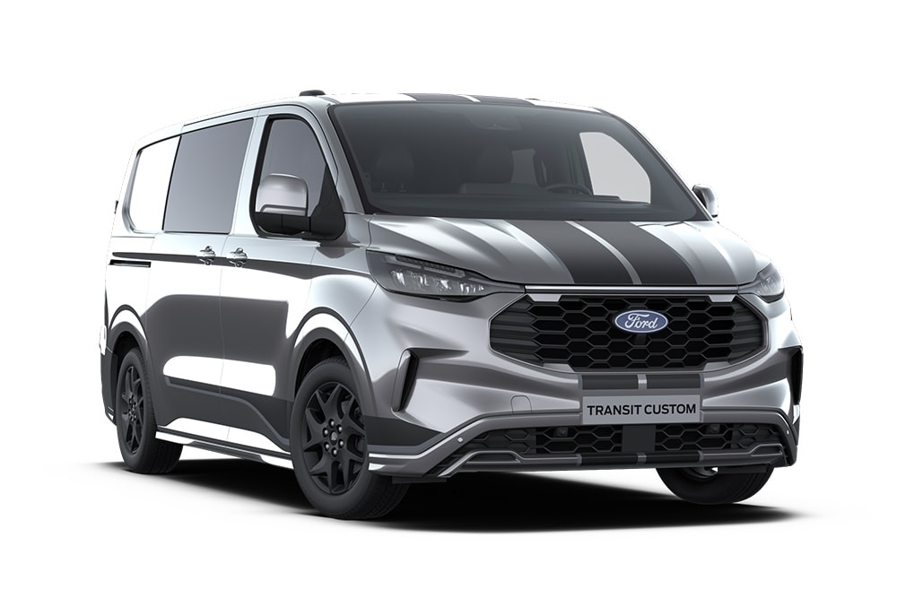 Ford Transit Custom double cabine en fourgon Sport gris foncé avec accents bleus.