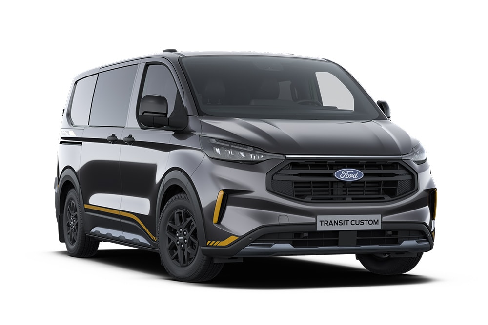 Ford Transit Custom double cabine en fourgon Trail gris foncé avec accents dorés.