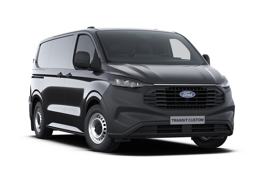 Fourgonnette Ford Transit Custom de base gris foncé, vue de face.