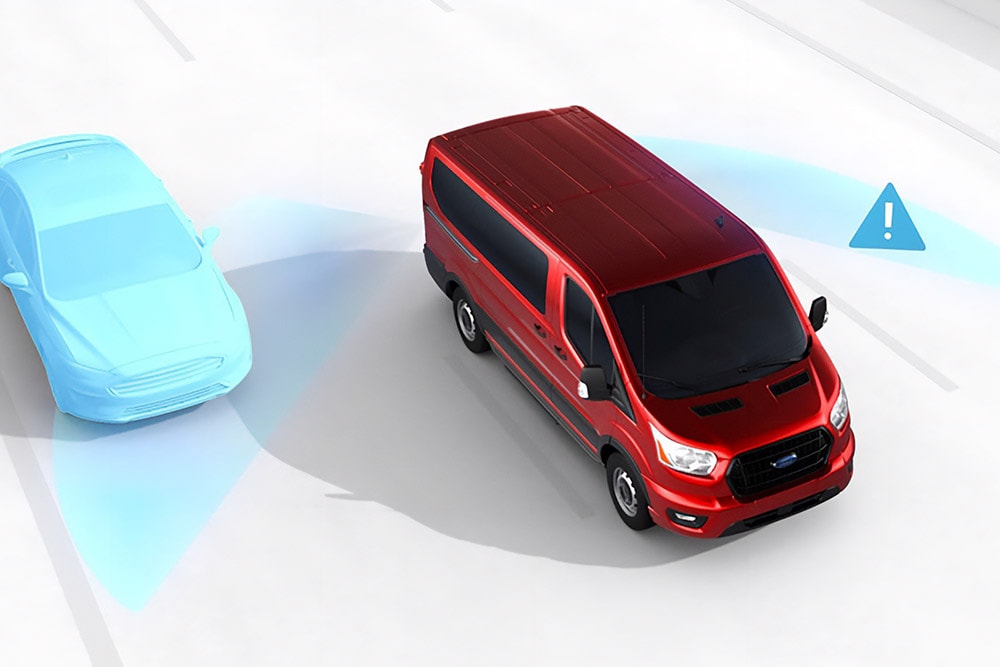 Vue graphique aérienne d'un fourgon Ford Transit rouge avec des icônes d'alerte de sécurité.
