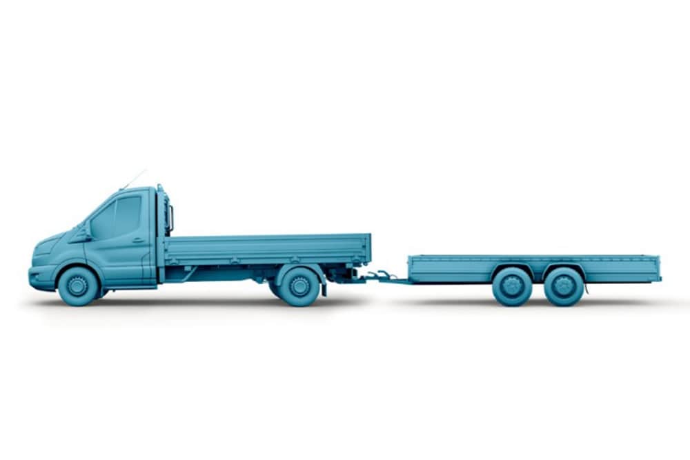 Croquis bleu d’un châssis cabine Ford Transit avec remorque. 