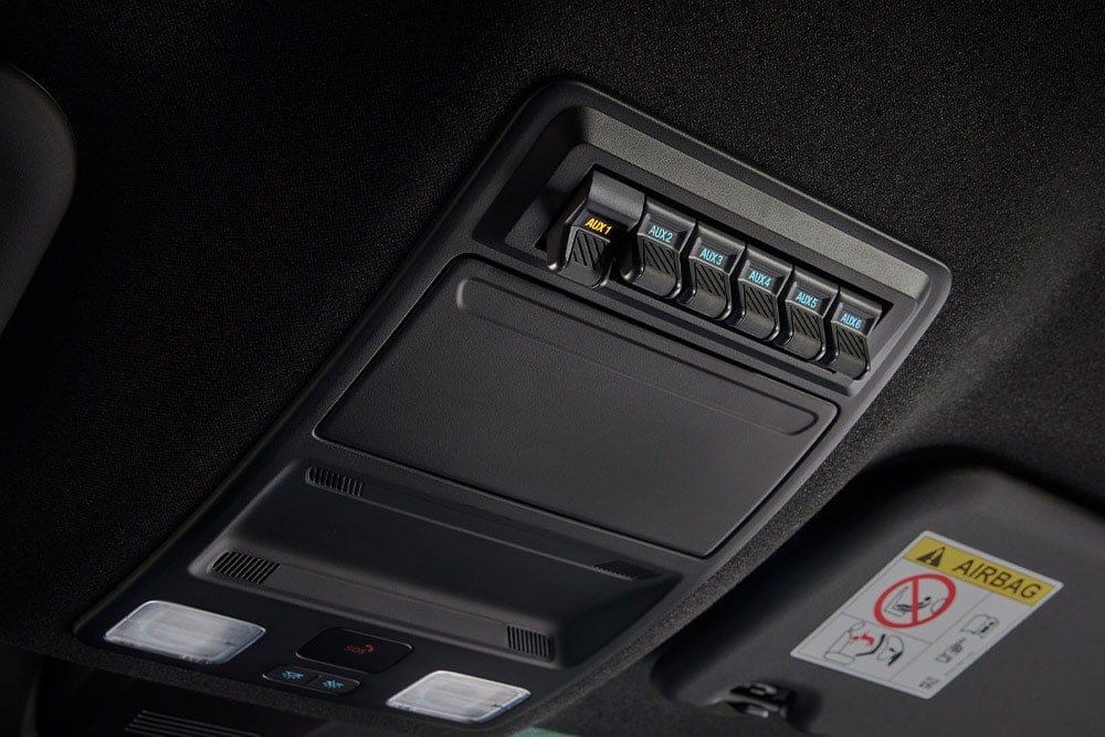 Gros plan sur des mains qui branchent des câbles à la prise électrique intégrée de la benne du Ford Ranger.