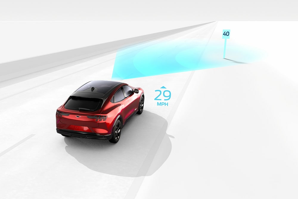 Schéma illustrant le système de reconnaissance des panneaux de signalisation sur un véhicule Ford.