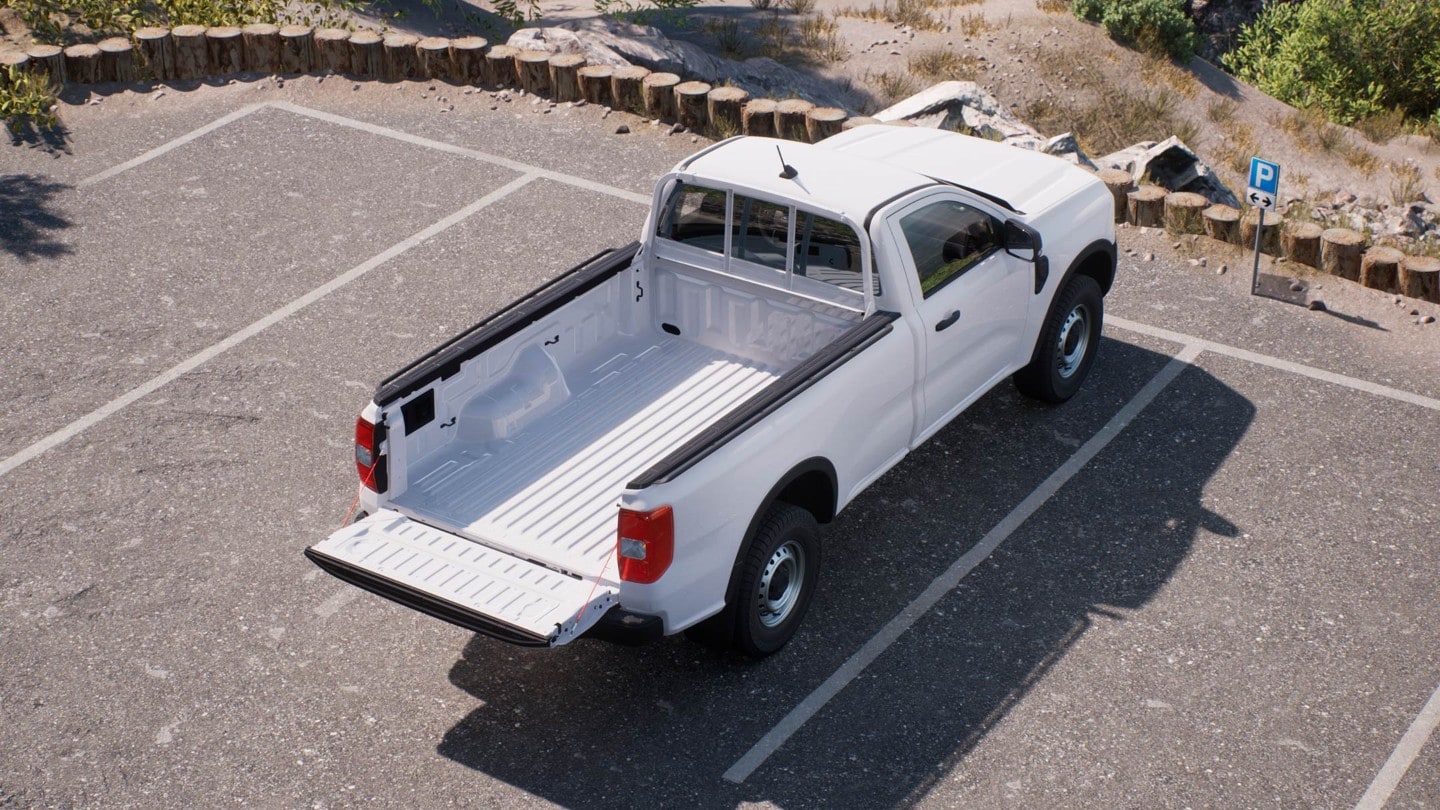 All-New Ford Ranger frozen white 3/4 rear view from above showing load bed