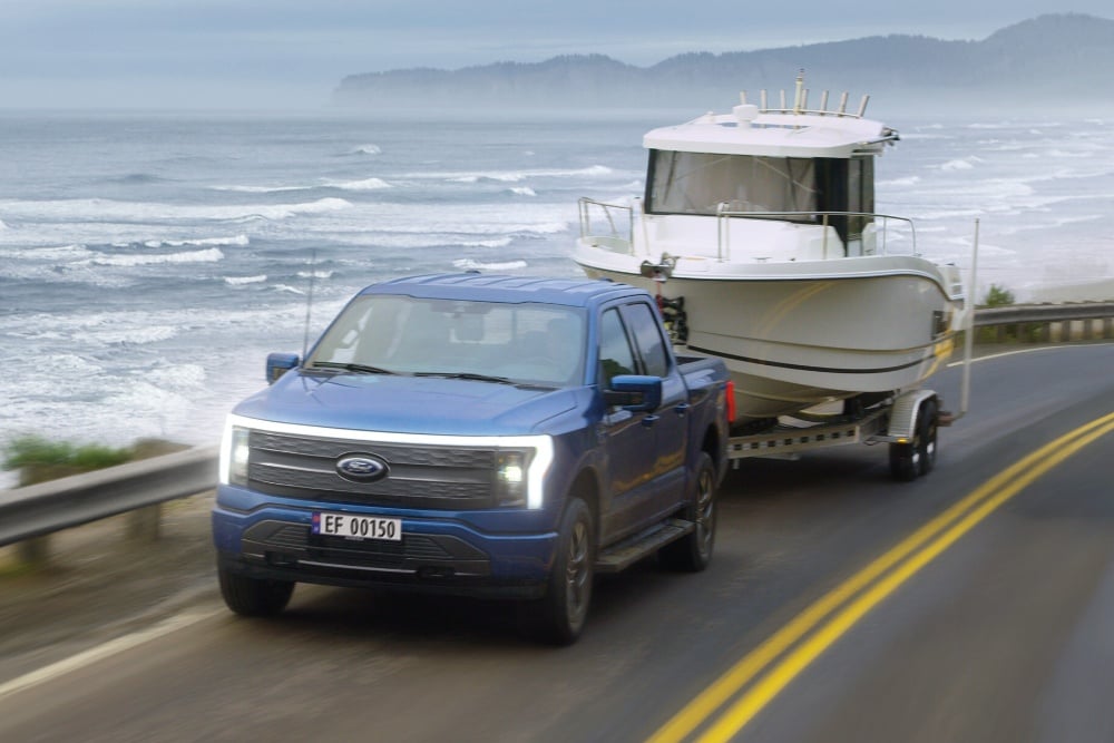 Ford F-150 Lightning towing a boat