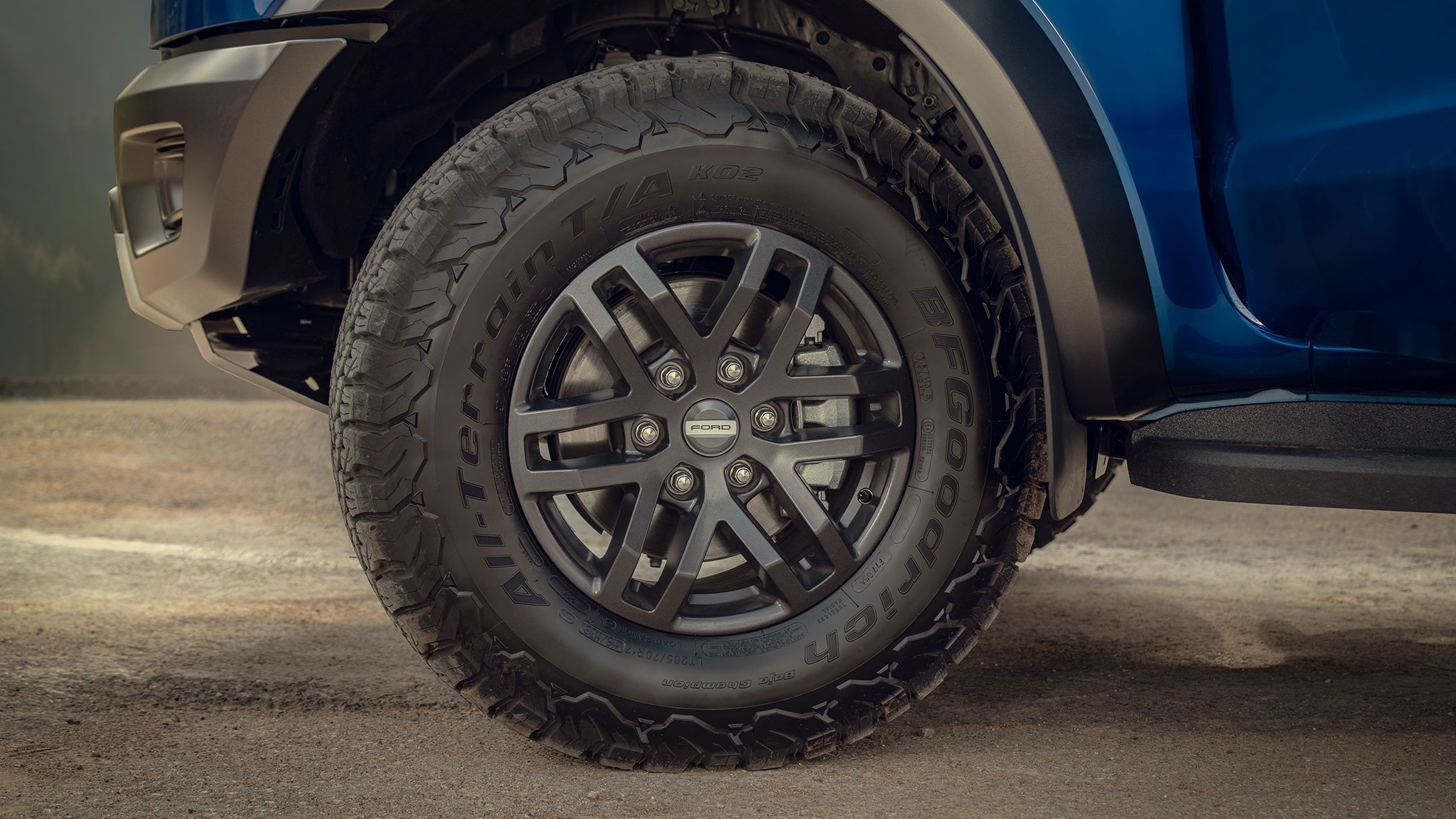 Blue Ford Ranger Raptor tyres and alloys