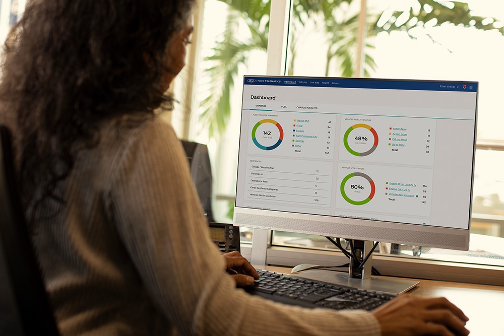 Woman viewing her Ford Telematics dashboard dFemme consultant les données de son tableau de bord télématique Ford sur son ordinateur de bureau.ata on her desktop computer.